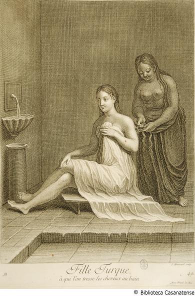 Fille Turque  qui l'on tresse les cheveaux au bain (donna turca a cui vengono intrecciati i capelli al bagno) , Tav. 49