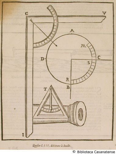 Quesito LIII. del tirare s liuello (strumenti matematici per la mira dei cannoni), c. 32