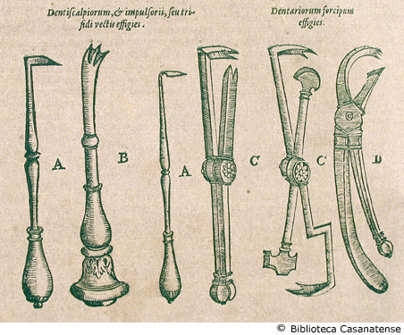dentiscapiorum, & impulsorii, seu trifidi vectis effiges (figure A e B); Dentariorum forcipum effigies (figure C e D); (pinze per i denti), p. 360