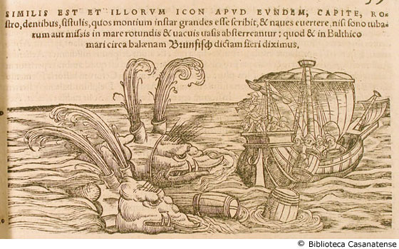 similes est et illorum icon apud eundem, capite, ... (nave che tenta di fuggire da due balene), p. 139