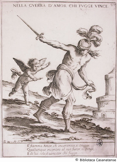 Nella guerra d'amor chi fugge vince  [un guerriero fugge da cupido], p. [106] (tav. 27)