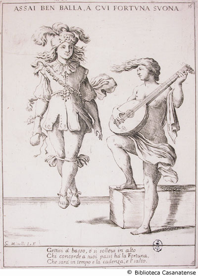 Assai ben balla, a cui fortuna suona [un uomo ricco balla mentre una donna suona], p. [95] (tav. 16)