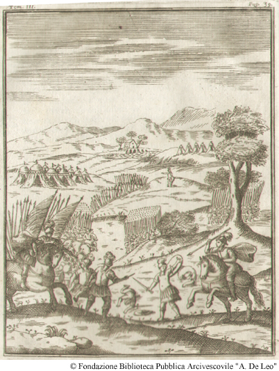 Campo di battaglia durante lo scontro tra Corradino e Carlo I dAngi. Foglio39, libro IV.