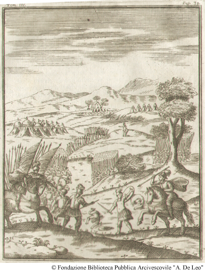 Campo di battaglia durante lo scontro tra Corradino e Carlo I d’Angiò. Foglio39, libro IV.