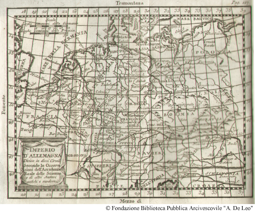 Imperio d'Allemagna diviso in dieci circoli. Secondo le osservazioni dell'Accademia Reale  delle Scienze e di altri autori antichi e moderni. Pag. 127.