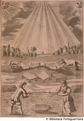 4 - L'alchimista e la sua donna raccolgono la rugiada in dei teli stesi in un campo, p. 938.