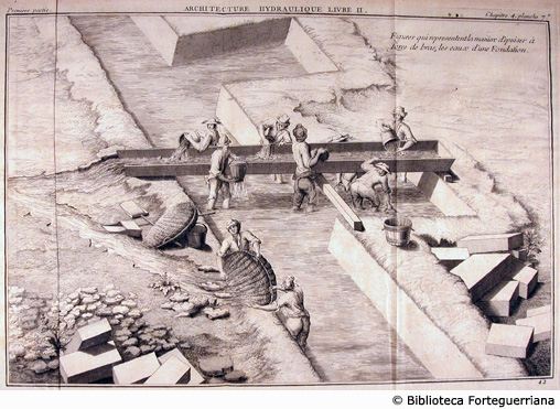 Tav. 42 - Uomini che tolgono con secchi l'acqua dalle fondamenta.