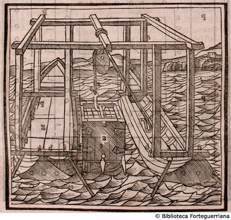 Macchinario con barche per costruire una fortificazione in acqua, c. 55v