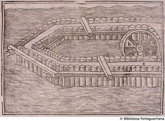 Modo di prosciugare l'acqua recintando una parte di una palude, c. 56v