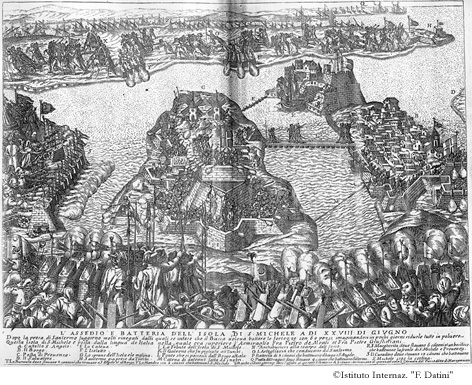 Tav. 7, L'assedio e batteria dell'isola di S. Michele a dě XXVIII di giugno