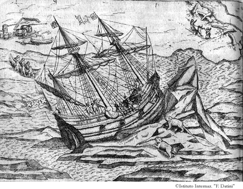 Disegno come la nave fu alzata con la prora in alto dalli gran pezzi di ghiaccio, p. 32v