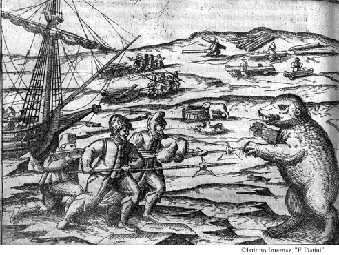 Ritratto di tre Orsi che vennero ad assaltar la nave, ecome uno fu ammazzato mentre voleva tor un pezzo di carne da un mastello, p. 34v