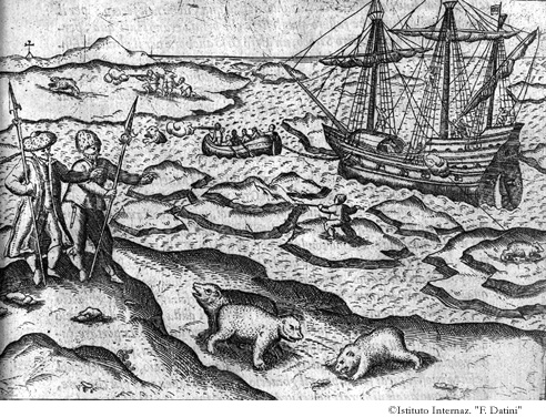 Disegno come di nuovo cinti, e stretti dal ghiaccio corrente, fummo sforzati à espor sopra il ghiaccio fermo tutte le robbe, p. 64