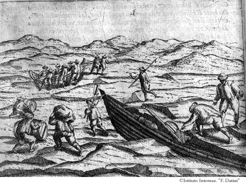 Disegno come talmente fummo dal ghiaccio stretti, che 'l battello andò in pezzi, p. 65v