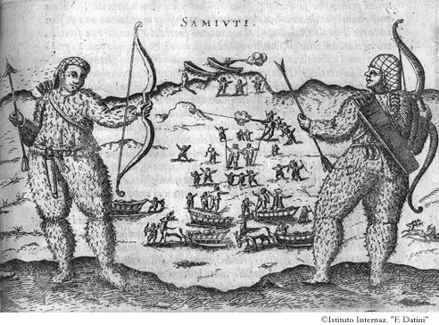 Questo disegno rappresenta i Samiuti co'l loro Re, il sito, il vestire, le loro carrette cio' Rangiferi che velocissimamente le tirano, p. 18