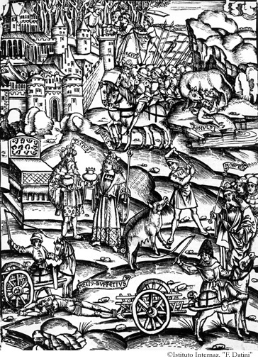 Storie della stirpe d'Ascanio cesellate nello scudo di Vulcano: la lupa allatta Romolo e Remo, i re pregano all'ara di Giove e sacrificano una porca, due quadrighe squartano Mezio. (VIII, 625- 645)