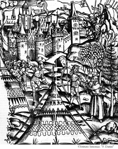 Ascanio uccide con l'arco Numano ed è lodato da Apollo sotto le sembianze del vegliardo Bute. (IX, 590-670)