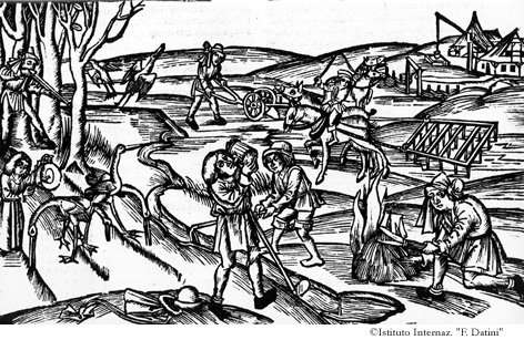 Coltivazione dei campi, costruzione di canali d'acqua per l'irrigazione, concimazione con la cenere, le gru sono cacciate con cembali, gli uccelli con le fionde. (Georgiche I, 82-159)