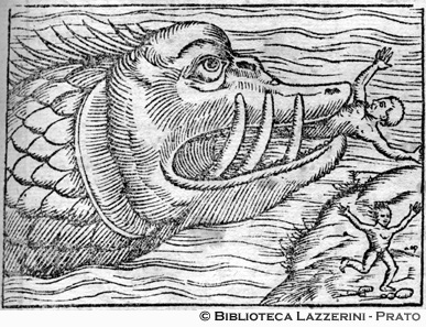 Pesce gigante di lago con uomo in bocca, p. 551