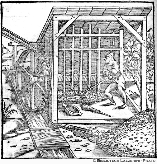 Frantumatura del metallo con gualchiere di legno con la base ricoperta di ferro, mosse ad acqua, p. 482