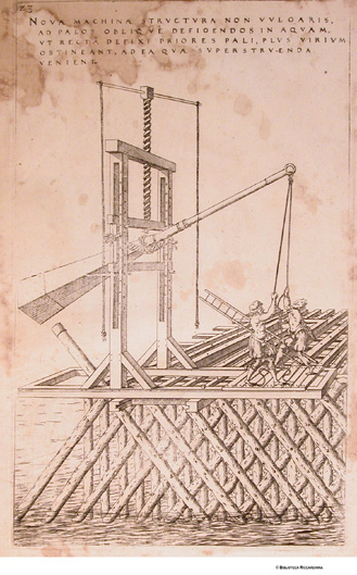 Macchina per piantar pali in acqua di traverso a sostegno di altri pali perpendicolari, per render pi robusta la struttura per edificarvi.