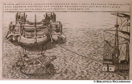 Macchina per sollevare una nave affondata purché il luogo non sia profondo oltre trenta passi e la nave non sia troppo arenata o fracassata.