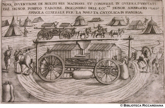 Fig. 31 - Mulini per macinare in guerra inventati da Pompeo Targone ingegnere di Ambrosio Spinola generale per la Maest cattolica in Fiandra (incisore: Benjamin Wright)