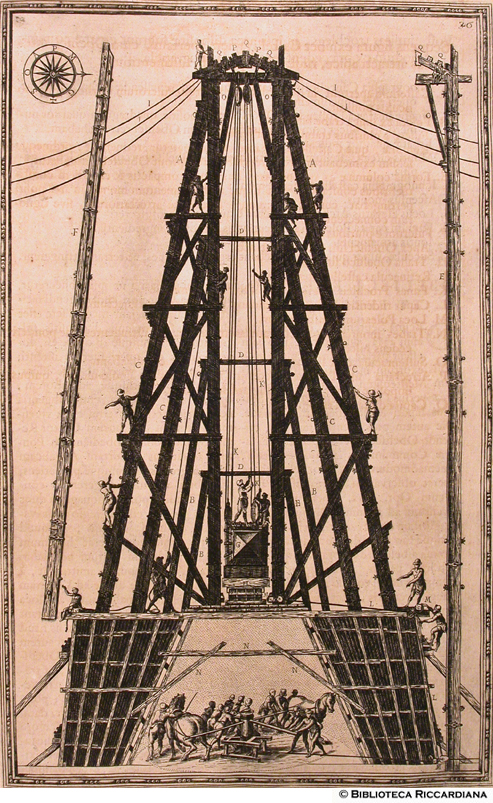 Disposizione degli argani per innalzare e trasportare un obelisco, p. 306 - autore: Natale Bonifazio (?)