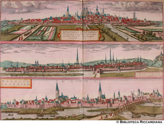 Tav. 22 - a).- Monasterium (Mnster, Germania), b).- Osnabrugum (Osnabrck, Germania), c).- Wesalia inferior - Wesel (Germania)