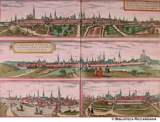 Tav. 23 - a).- Brunsuicum - Braunschwich (Sassonia, Germania), b).- Luneburgum (Lneburg, Germania), c).- Brema (Germania), d).- Aldenburgum Holsatia (Oldenburg in Holstein, Belgio)