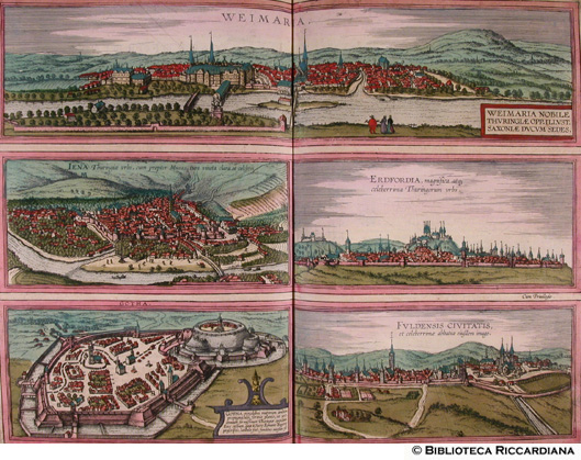 Tav. 25 - a).- Weimaria (Weimar, Germania), b).- Iena (Jena, Germania), c).- Gotha (Germania), d).- Fuldensis civitatis (Fulda, Germania)