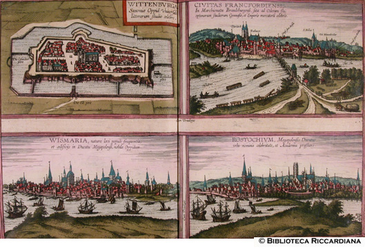 Tav. 27 - a).- Wittenburga (Wittenburg, Germania), b).- Francofordia ad Oderam (Francoforte sull'Oder, Germania), c).- Wismaria (Wismar, Germania), d).- Rostochium (Rostok, Germania)