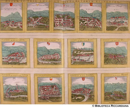 Tav. 32 - Citt della confederazione elvetica: a).- Svecia (Schwyz), b).- Sylvania (Undervalden), c).- Tugium (Zug), d).- Glarona (Glarus), e).- Basilea (Bassel, Basilea), f).-  Tugurum (Zurich, Zurigo), g).- Civitas Ursina (Bern, Berna), h).- Lucerna (Lucern), i).- Arsella (Uri), l).- Friburgum (Fryburg), m).-  Civitas Soloturensis (Solothurn), n).- Schapusia (Schaffusen), o).- Appencella (Appenzell)