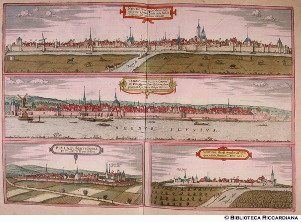 Tav. 33 - a).- Novesium (Neuss, Germania), b).- Bonna (Bonn, Germania), c).- Brula, Broell (Brhl, Germania), d).- Sontina, Qunts (Zons, Germania)