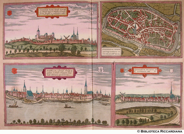 Tav. 34 - a).- Cliviam (Kleve, Germania), b).- Duisburgum (Duisburg, Germania), c).- Embrica (Emmerich, Germania), d).- Gennapium (Asnapium, Umbek, Ort bei Kleve, Germania)