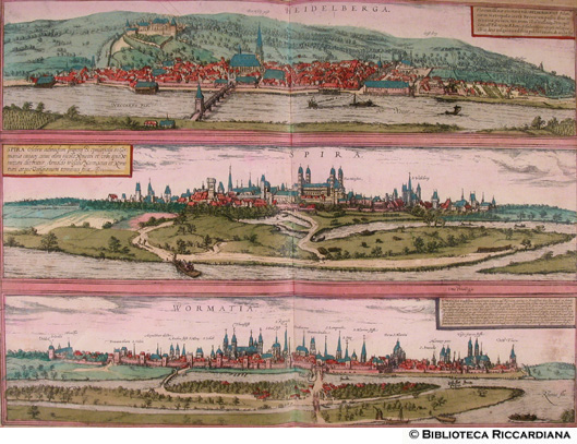 Tav. 34 - a).- Heidelberga (Heidelberg, Germania), b).- Spira (Germania) c).-  Wormatia (Worms, Germania) 