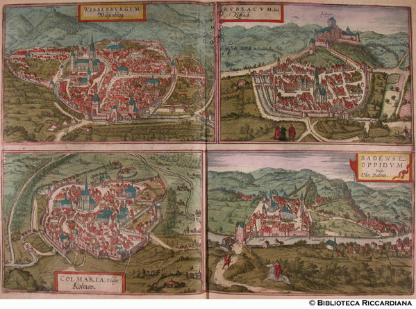 Tav. 36 - a).- Wissenburgum (Weissenburg, Germania), b).- Rubeacum (Ruffach, Germania), c).- Colmaria (Kolmar, Germania), d).- Badense oppidum (Badenn, Germania)