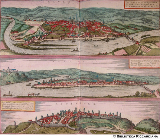 Tav. 36 - a).- Treveris (Treviri, Germania), b). - Confluentia, Cobolentz (Coblenza, Germania), c).- Rotenburgum (Rottemburg, Germania)