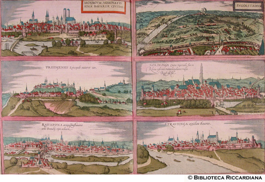 Tav. 40 - a).- Monacum (Monaco di Baviera, Mnchen Germania), b).- Ingolstadium (Ingolstad, Germania), c).- Frisingensis (Freising, Germania), d).- Nordlinga (Nrdlingen, Germania), e).- Ratispona (Regensburg, Germania), f).- Strubinga, (Oberstraubing, Germania)