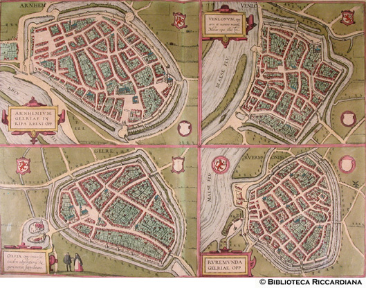 Tav. 17 - a).- Arnhemium, Arnhem (Paesi Bassi), b).- Venlonum, Venlo (Paesi Bassi), c).- Geldria, Gelre (Geldern, Germania), d).- Ruremunda, Ruermonde (Roermond, Paesi Bassi)