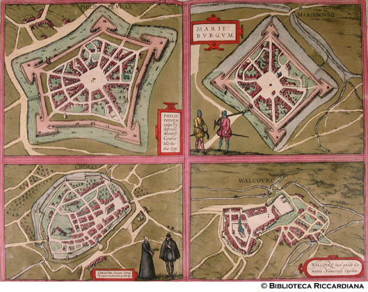 Tav. 27. - a).- Philippopolis, Philippeville (Belgio), b).- Marieburgum, Mariebourg (Maiembourg, Belgio), c).- Cimacum, Chimay (Belgio), d).- Walcourt (Belgio)