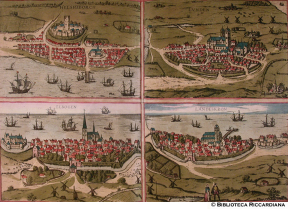 Tav. 29 - a).- Helsingoburgum, Helsheborch (Hälsingborg, Svezia), b).- Lundia, Lunden (Lund, Svezia), c).- Malmogia, Elbogen (Malmö, Svezia), d).- Landeskron (Svezia)