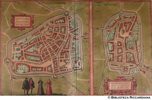 Tav. 36 - a).- Lewardum, Leevwaerden nel 1580 (Paesi Bassi), b).- Franicheria, Franicker (Franeker, Paesi Bassi)