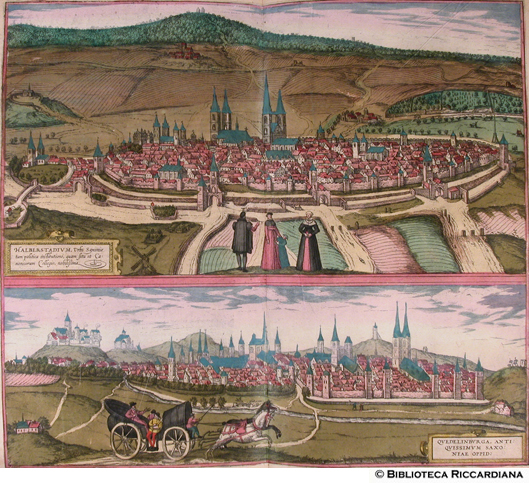 Tav. 41 - a).- Halberstadium (Halberstadt, Germania), b).- Quedelinburga, (Quedlinburg, Germania)