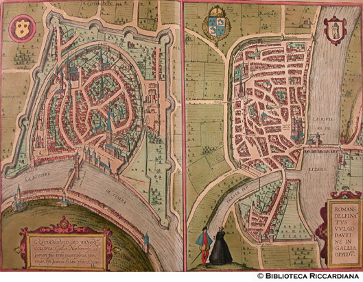 Tav. 9 - a).- Gratianopolis (Grenoble, Francia), b).- Romanum opp., Romans (Francia)