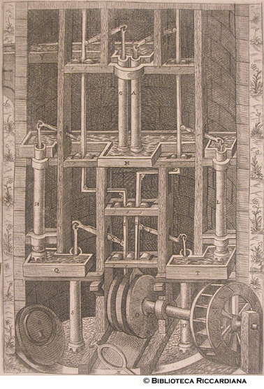 Figura XXVII. Macchina per far salire l'acqua da un luogo basso a uno alto