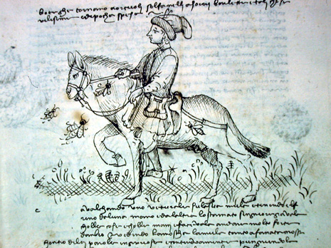 Cavaliere a cavallo infastidito dalle mosche, c. 23r