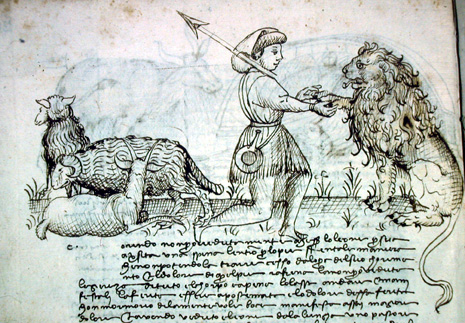 Il pastore toglie una spina dalla zampa del leone, c. 26v
