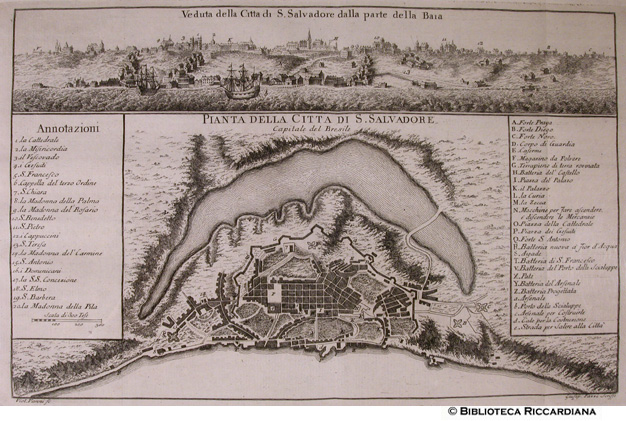 Fig. 13 - Veduta di San Salvatore de Baia e pianta della citt, p. 112 (incisore: V. Vanni)