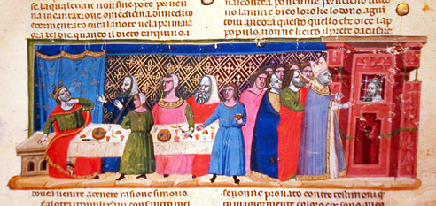 Re Tarquinio ingoia una spina di pesce e San Silvestro  liberato dal carcere, c.104r